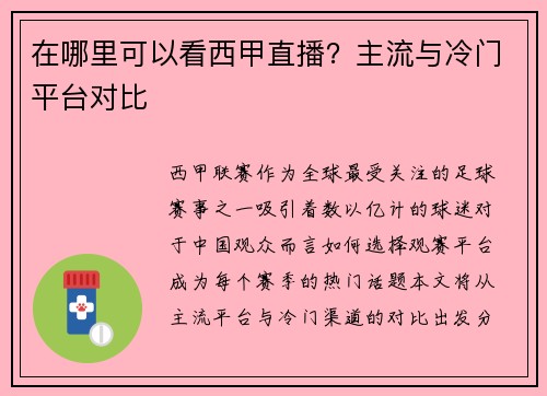 在哪里可以看西甲直播？主流与冷门平台对比